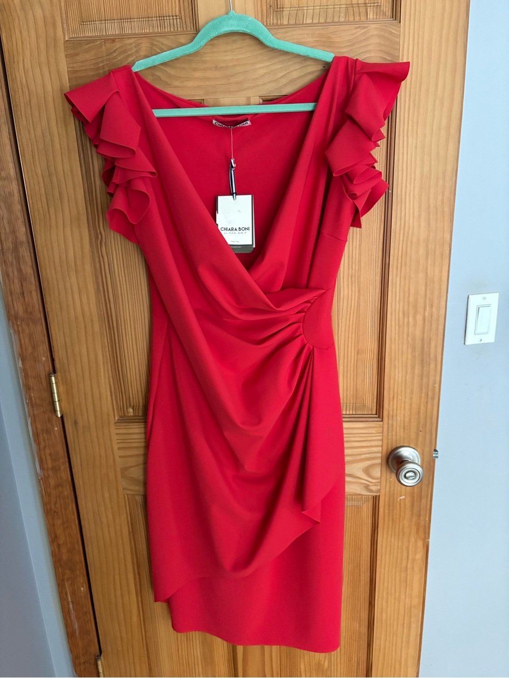 Chiara Boni Red Ruffle-Sleeve Faux-Wrap Midi Dress